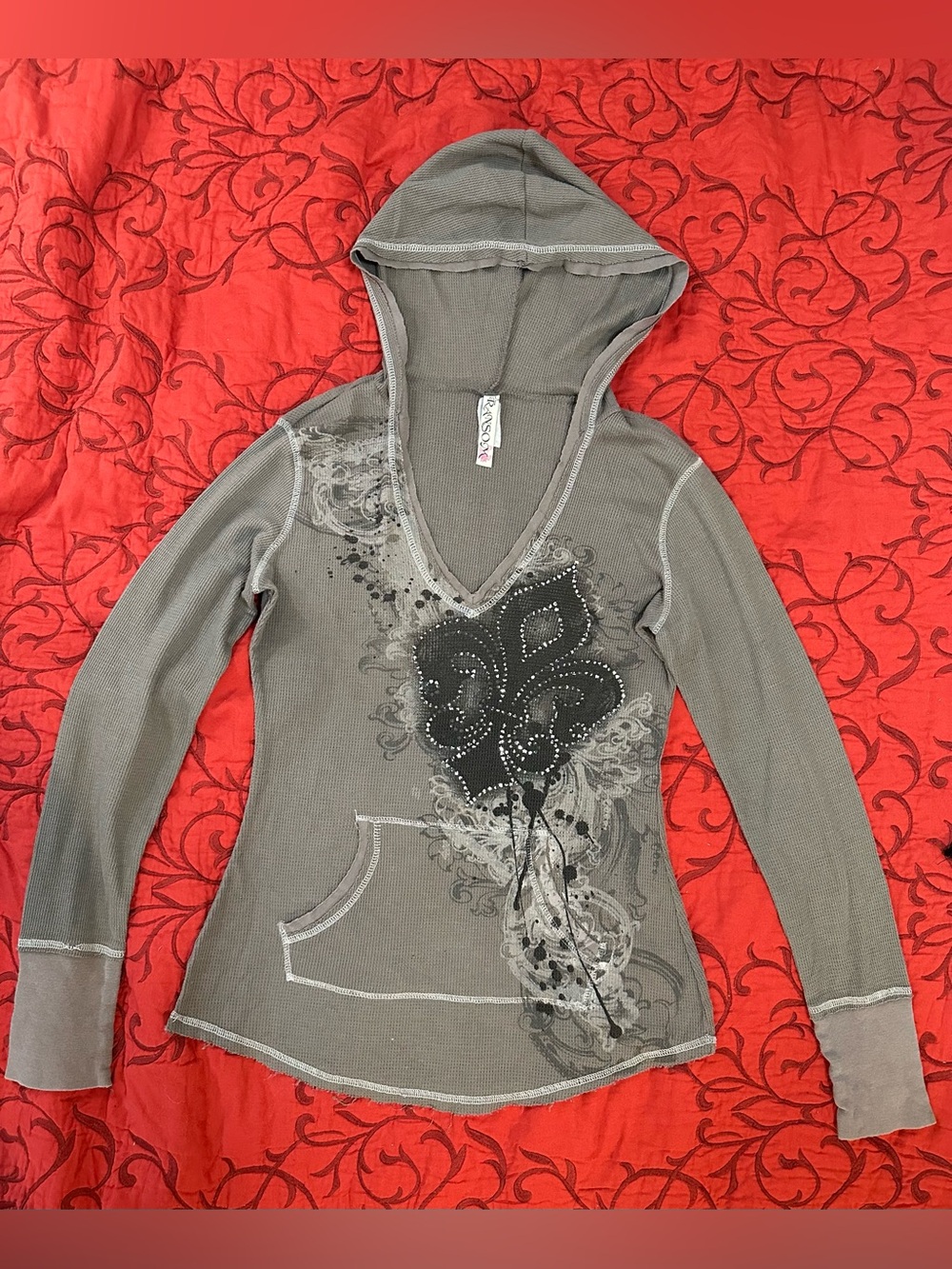 Ransom Gray Hooded Thermal Top with Studded Fleur-de-Lis